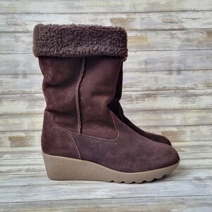 Lands End Chalet Pull-On Wedge Boot Brown Suede Faux Fur Lined Women's Size 7